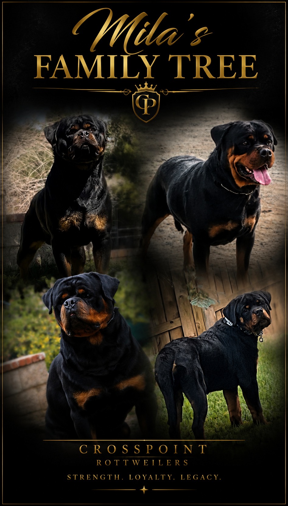 Mila's family tree — the Rottweiler bloodline behind Crosspoint's foundation female