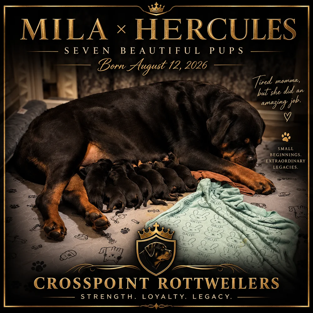Mila resting with her seven newborn puppies — Hercules × Mila litter, born August 12, 2026