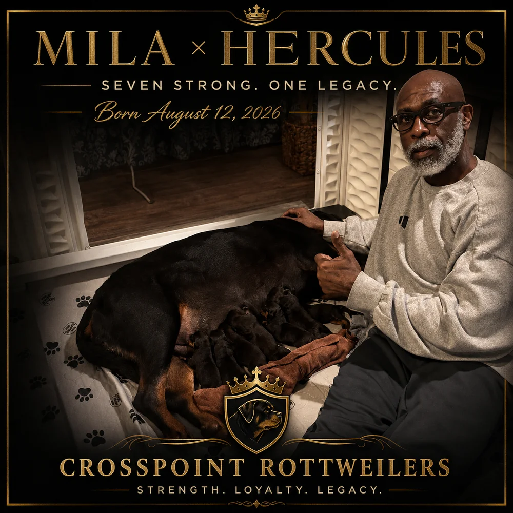 Al King with Mila and her seven newborn puppies — Hercules × Mila litter, born August 12, 2026