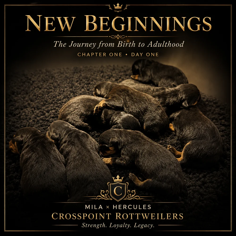 New Beginnings, Chapter One, Day One — the seven Hercules × Mila puppies on their first day